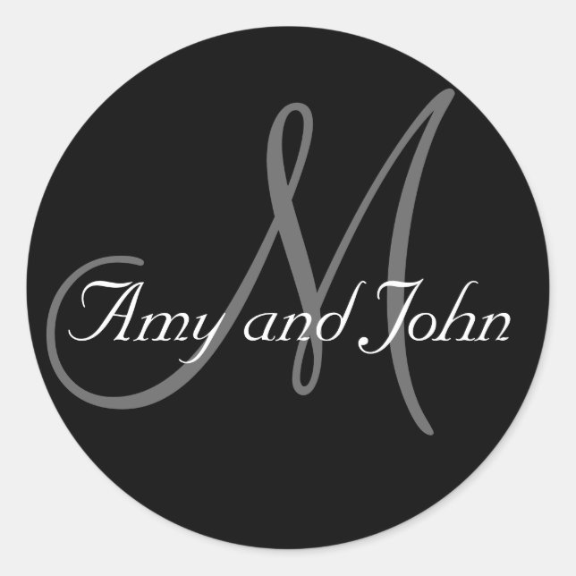 Name & Anfangsbuchstabe Hochzeitsticker Schwarz Runder Aufkleber (Vorderseite)