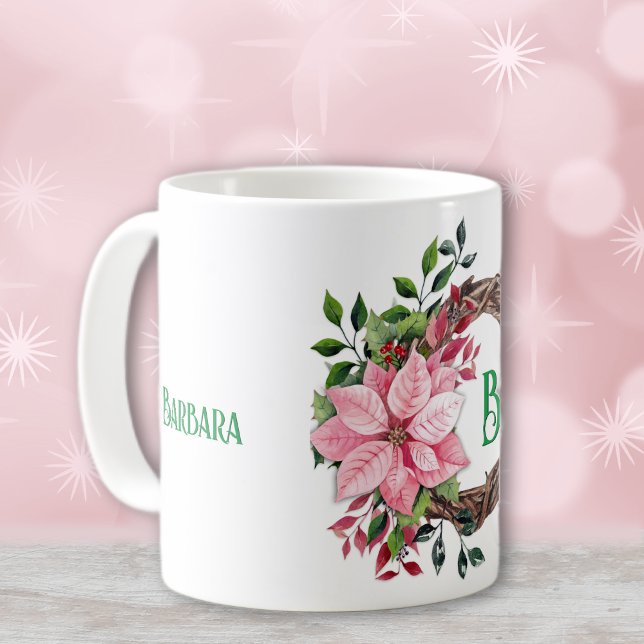Name & Anfangsnummer, rosa Poinsettia 11oz Kaffeetasse (Von Creator hochgeladen)