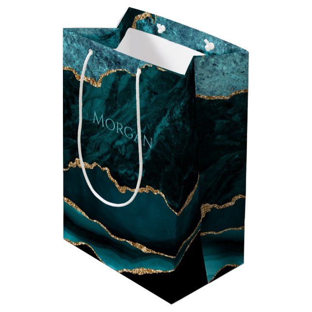 Name Aquamarin, Aquamarin Gold und Black Agate Mittlere Geschenktüte (Rückseite Schrägansicht)