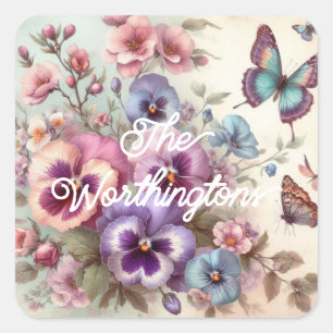 Name Aquarell Antike Stiefmütterchen Blumen Pastel Quadratischer Aufkleber