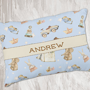 Name Aquarell Vintage Spielzeug Muster Blau Dekokissen