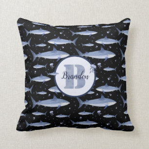 Name + Aquarellfarben-Monogramm-Quallen-Muster Kissen