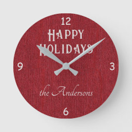 Name auf Happy Holidays Red Denim Print 8-in Runde Wanduhr