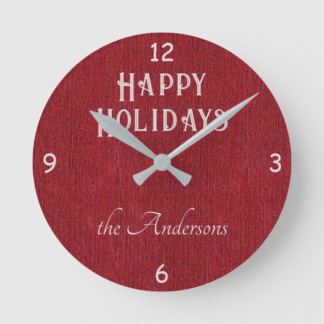 Name auf Happy Holidays Red Denim Print 8-in Runde Wanduhr (Vorderseite)