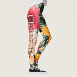 Name auf lebhafter tropischer Hibiskus-Blumenmuste Leggings