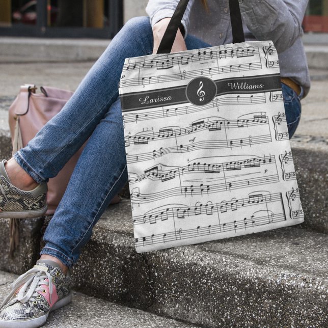 Name auf schwarz-weiß-musikalischen Hinweisen Tasche (music lessons tote)