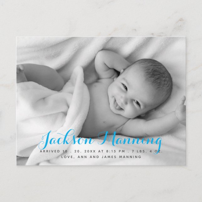 Name | Baby Boy Blue Script Foto Ankündigungspostkarte (Vorderseite)