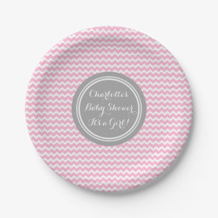 Name-Baby-Duschen-Teller-graues rosa Zickzack Pappteller