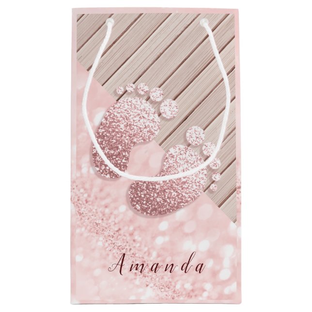 Name Baby Feet Rose Gold Baby Dusche Pink Wood Kleine Geschenktüte (Rückseite)