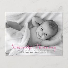 Name | Baby Girl Pink Script Foto Ankündigungspostkarte