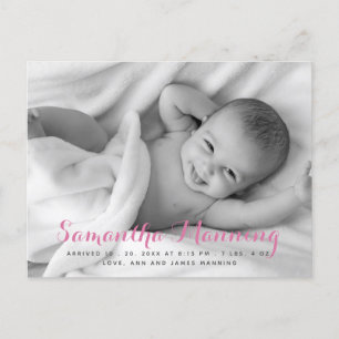 Name Baby Girl Pink Script Foto Ankündigungspostkarte