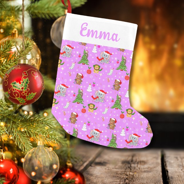 Name Baby Zoo Animals feiern Weihnachten Rosa Kleiner Weihnachtsstrumpf (Von Creator hochgeladen)