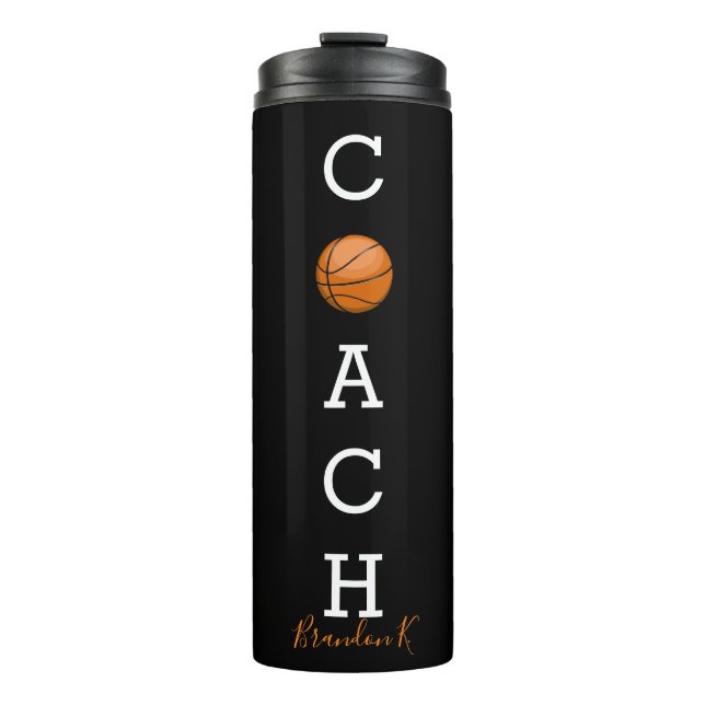 Name-Basketball-Trainer-Schwarzes Thermosbecher (Vorderseite)