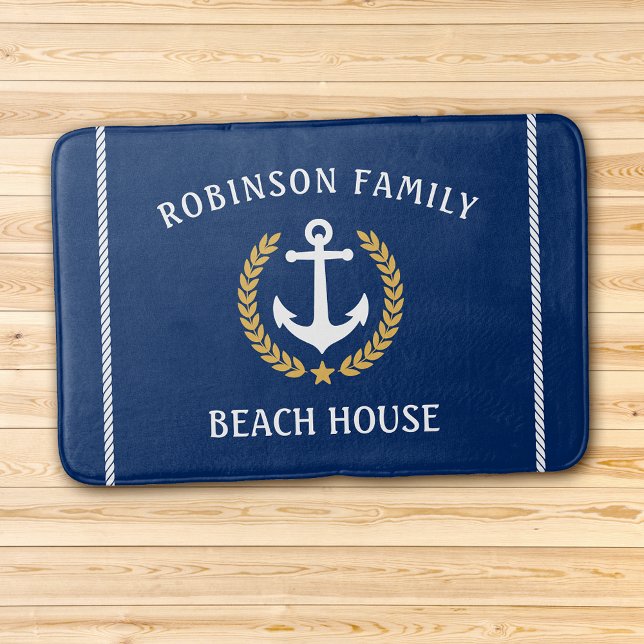 Name Beach House Anchor Gold Laurel Marine Badematte (Several sizes to choose from.)