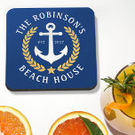 Name Beach House Anchor Gold Laurel Marine Getränkeuntersetzer<br><div class="desc">Ein stilvolles nautisches Set von Cork Back Getränkeküsten mit Ihrem personalisierten Familiennamen und Strandhaus,  Seehaus oder anderen Wunschtexten und festem Datum. Ein speziell entworfener Bootanker mit goldfarbenen Lorbeertönen und einem Stern auf klassischem Marineblau oder passen die Grundfarbe leicht an Ihre aktuelle Dekoration oder Ihr aktuelles Thema an.</div>