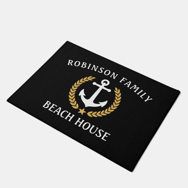 Name Beach House Anchor Gold Laurel Star Fußmatte (Schrägansicht)
