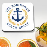 Name Beach House Anchor Gold Laurel White Getränkeuntersetzer<br><div class="desc">Ein nautisches Set von Cork-Back-Getränkeküsten mit Ihrem personalisierten Familiennamen und Strandhaus,  Seehaus oder anderen Wunschtexten und feststehendem Datum. Ein speziell entworfener Bootanker mit goldfarbenen Lorbeertönen und einem weißen Stern oder passen die Basisfarbe leicht an Ihre aktuelle Dekoration oder Ihr aktuelles Thema an.</div>