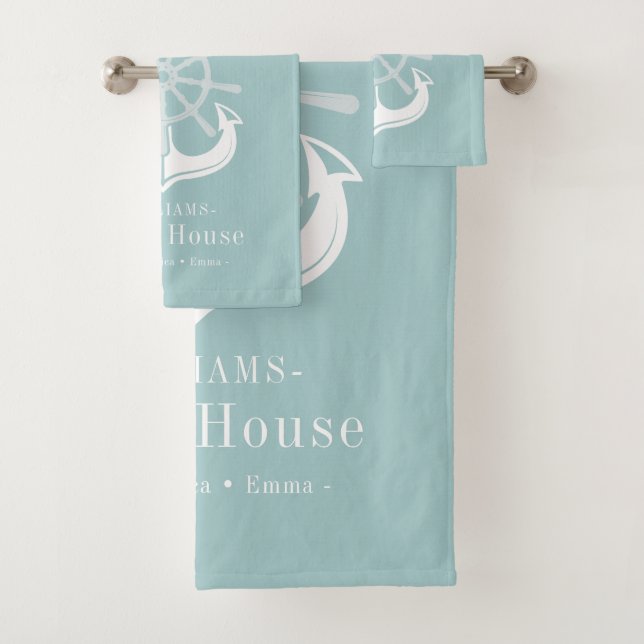 Name Beach House Nautical Anchor Badhandtuch Set (Insitu)