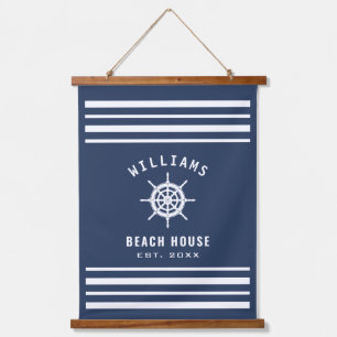 Name Beach House Navy Blue White Nautic Wandteppich Mit Holzrahmen