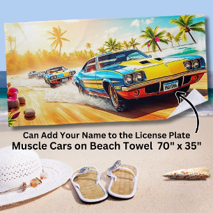 Name, blau-gelbe Muskelwagen an der Sandstrand Strandtuch
