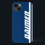 Name blaue und weiße Streifen Pad-Gehäuse Case-Mate iPhone Hülle<br><div class="desc">Rot-weiße Pad-Gehäuseabdeckung im Sportstil. Fall liest: Daimen oder personalisieren Sie diesen Fall mit dem Namen Ihrer Wahl. Ein perfektes Geschenk für ein lebendiges sportliches Kind oder Erwachsener,  um einen Pad vor Stößen und Kratzern und Verlust zu schützen. Einzigartig gestaltet von Sarah Trett.</div>