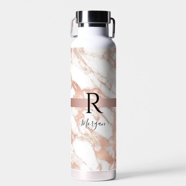 Name & Blk Monogram, White & Rose Gold Marmor Vs 2 Trinkflasche (Vorne)