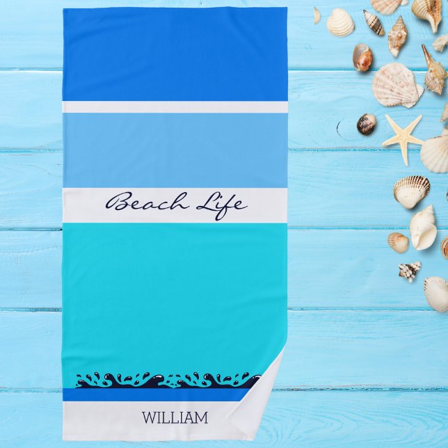 Name Blue Ocean Stripes Chic Strandtuch (Von Creator hochgeladen)