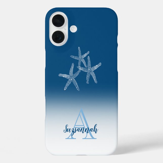 Name Blue Ombre Tropical Starfish iPhone 16 Plus Hülle (Rückseite)