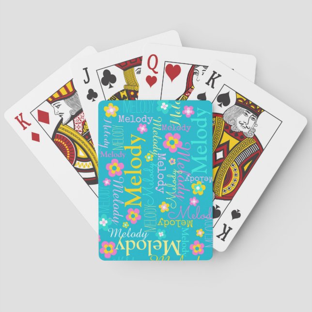 Name Blume gemustertes gelbes Aqua Spielkarten (Rückseite)