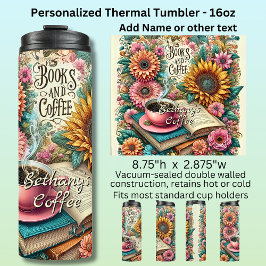 Name, Books & Coffee with Flowers Thermosbecher