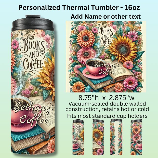 Name, Books & Coffee with Flowers Thermosbecher (Von Creator hochgeladen)