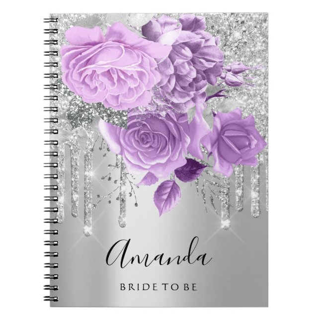 Name Brautparty Silver Tropfen Blumenfarben Lila R Notizblock (Vorderseite)