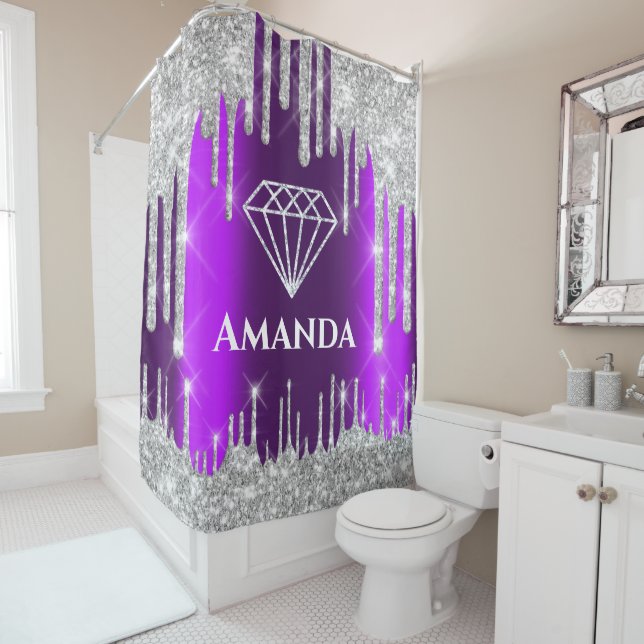 Name Bridal Glitzer Tropfen Grau Lila Diamond Duschvorhang (Beispiel)
