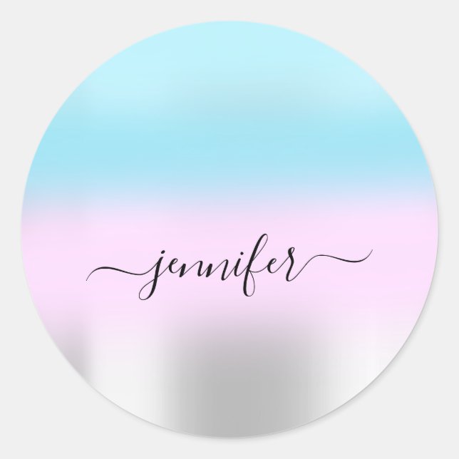 Name Bridal OMBRE Minimalismus Pink Blue Silver Runder Aufkleber (Vorderseite)