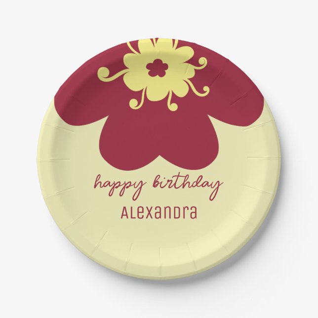 Name Burgundy Blossom Happy Birthday Pappteller (Vorderseite)
