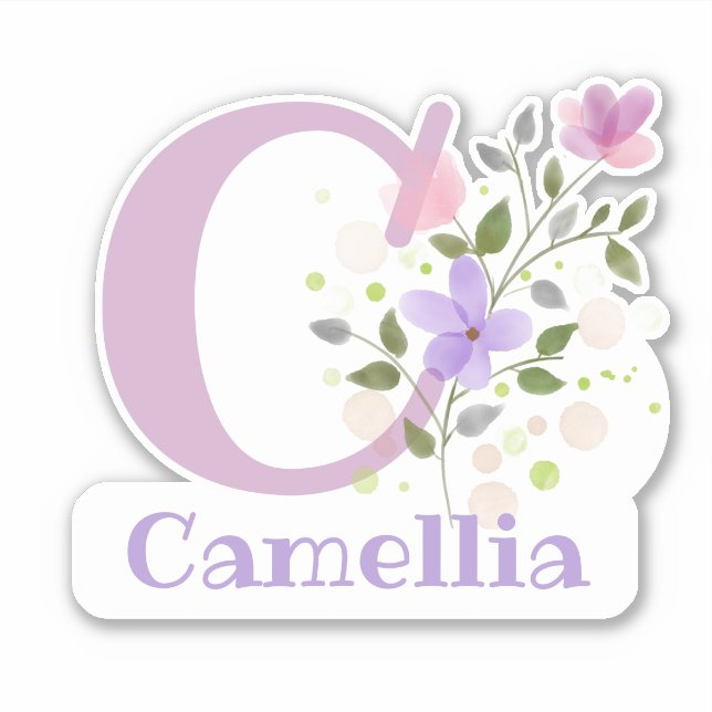 Name Camellia plus Initial mit Blumendesign Aufkleber (Vorderseite)