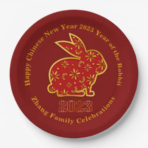 Name Chinesisches Neujahr 2023 Rabbit Red Gold 9" Pappteller