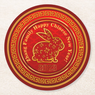 Name Chinesisches Neujahr 2023 Rabbit Red Gold Runder Pappuntersetzer