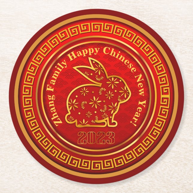 Name Chinesisches Neujahr 2023 Rabbit Red Gold Runder Pappuntersetzer (Vorderseite)