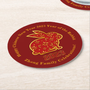 Name Chinesisches Neujahr 2023 Rabbit Red Gold Runder Pappuntersetzer