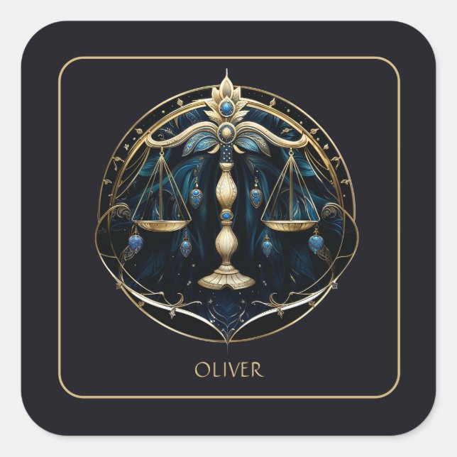 Name Cosmic Balance Zodiac Symbol Black Gold Libra Quadratischer Aufkleber (Vorderseite)