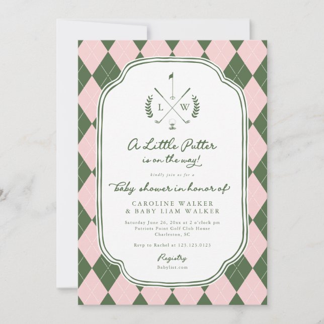 Name Crest Little Putter on Way Golf Baby Shower Einladung (Vorderseite)