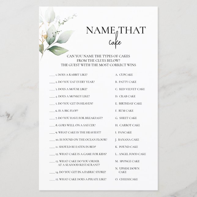 Name, dass Cake Greenery Bridal Spiel (Vorderseite)