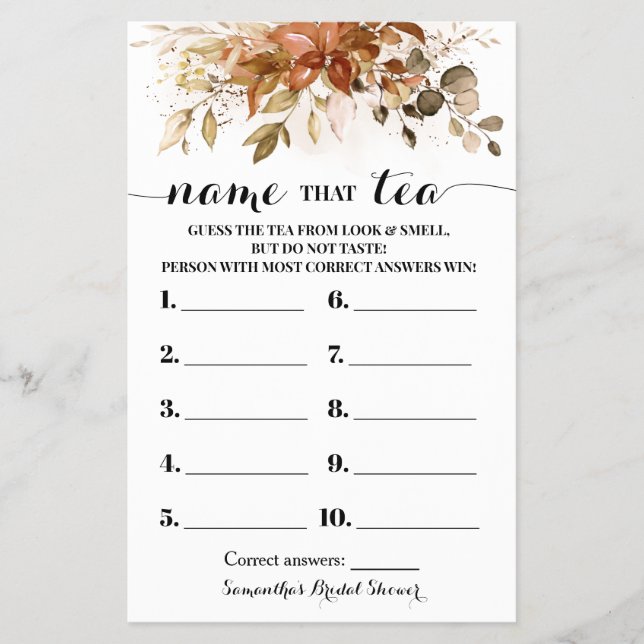 Name, dass Tee Autumn Eucalyptus Shower Game Card Flyer (Vorne)