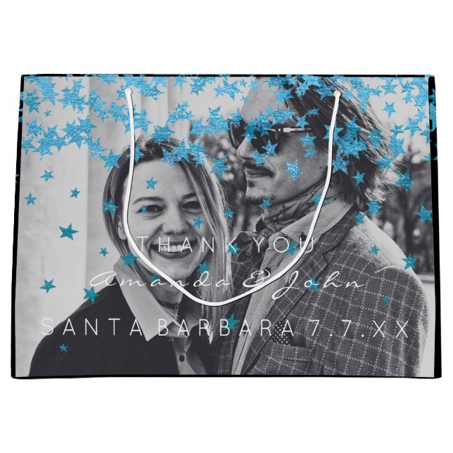 Name Date Foto Gastgeschenk Hochzeit Danke Blue St Große Geschenktüte (Vorderseite)