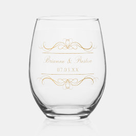 Name & Date Modern Elegant Gold Swirl Wedding Weinglas Ohne Stiel