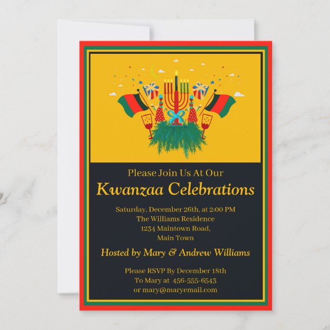 Name Datum Details Kwanzaa Kerzen Flaggen Party hi Einladung (Vorderseite)