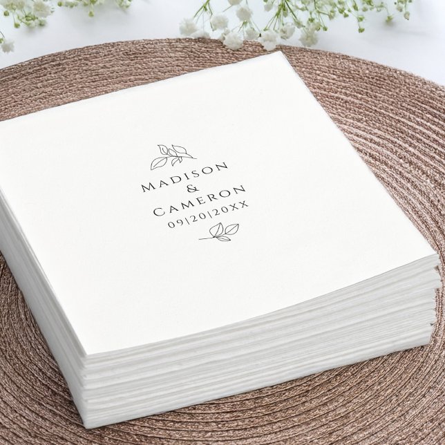 Name & Datum Elegante Hochzeitsstipps Blätter Schw Serviette (Names & Date Elegant Wedding Leaves Black & White Napkins)