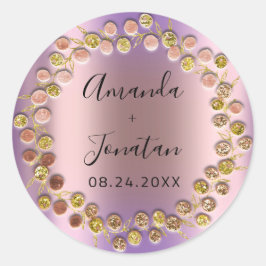 Name Datum Rose Gold Wreath Hochzeit Lila Runder Aufkleber