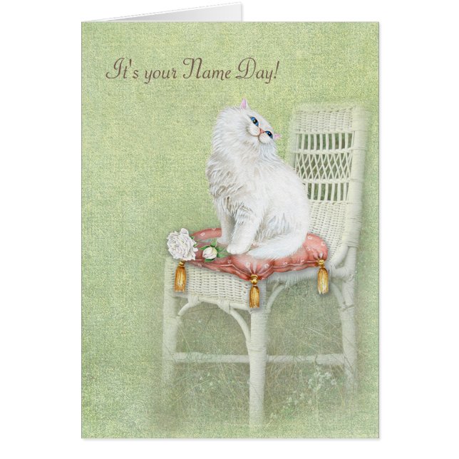 Name Day-white cat und Rose auf Kissen (Vorne)
